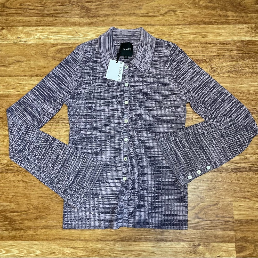 Bandier x Le Ore Collared Cardigan Space Dye Marled Purple